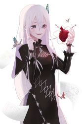 Rule 34 | 1girl, absurdres, bad id, bad pixiv id, black capelet, black dress, bug, butterfly, butterfly hair ornament, capelet, colored eyelashes, dress, echidna (re:zero), est (est illust), hair between eyes, hair ornament, heart, highres, holding, insect, long hair, long sleeves, open mouth, pages, re:zero kara hajimeru isekai seikatsu, solo, very long hair, white hair