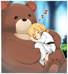 Rule 34 | 1girl, animal, barefoot, bear, belt, black belt, blonde hair, blurry, blurry background, border, brown fur, chinese commentary, closed eyes, commentary request, dougi, feet, full body, highres, kuma-bound, martial arts belt, original, oversized animal, pants, sleeping, soles, toes, white border, white pants, zzz