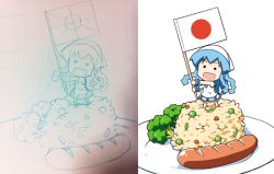 Rule 34 | 1girl, :d, anbe masahiro, barefoot, blue hair, bracelet, broccoli, chibi, dress, flag, food, hands up, happy, hat, holding, holding flag, in food, japanese flag, jewelry, long hair, looking at viewer, making-of, mini-ikamusume, mini flag, mini person, minigirl, no nose, official art, open mouth, peas, plate, rice, sausage, shinryaku! ikamusume, simple background, sketch, sleeveless, sleeveless dress, smile, solid circle eyes, solo, standing, tentacle hair, toothpick, traditional media, unfinished, v-shaped eyebrows, vegetable, white background, white dress, white hat