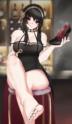 Rule 34 | 1girl, barefoot, black hair, crossed legs, feet, hairband, highres, holding, holding shoes, long hair, looking at viewer, red eyes, shoes, unworn shoes, single shoe, sitting, smile, soles, spy x family, steam, stool, toes, wd (1106592840), yor briar