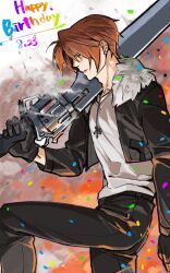 Rule 34 | 1boy, black gloves, black jacket, black pants, blue eyes, brown hair, confetti, cropped jacket, dated, day, earrings, explosion, final fantasy, final fantasy viii, fire, from side, fur-trimmed jacket, fur trim, gloves, gunblade, happy birthday, highres, holding, holding weapon, jacket, jewelry, knee up, male focus, necklace, nini tw99, open clothes, open jacket, outdoors, over shoulder, pants, parted lips, serious, shirt, short hair, solo, squall leonhart, standing, stud earrings, v-neck, weapon, weapon over shoulder, white shirt