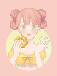 Rule 34 | 1girl, bare shoulders, blush, doughnut, food, green eyes, jojon, looking at viewer, mister donut, nail polish, open mouth, personification, pon de ring, simple background, solo, upper body