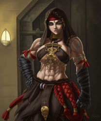 Rule 34 | abs, bandana, breasts, dmaxcustom, final fantasy, final fantasy xiv, gauntlets, hand on own hip, hand wraps, highres, hood, jewelry, large breasts, muscular, muscular female, neck ring, necklace, nipples, scar, scar on face, skirt, square enix, tattoo, underboob, yellow eyes