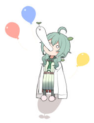 Rule 34 | 1girl, ahoge, balloon, belt, belt buckle, black pantyhose, brown belt, buckle, chibi, commentary request, full body, giving up the ghost, green hair, green sailor collar, green serafuku, green shirt, green skirt, hair between eyes, lab coat, leaf, leaf on head, long hair, long sleeves, midorikawa you, o o, open clothes, original, pantyhose, pink footwear, sailor collar, school uniform, serafuku, shadow, shirt, simple background, skirt, sleeves past fingers, sleeves past wrists, slippers, solo, standing, white background