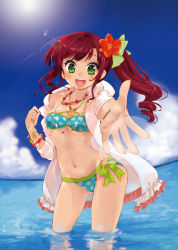 Rule 34 | 1girl, bikini, blush, bracelet, cloud, day, dress, flower, green eyes, hair flower, hair ornament, hair ribbon, happy, jacket, jewelry, long hair, lots of jewelry, navel, necklace, ocean, original, partially submerged, red dress, red hair, ribbon, sky, smile, solo, swimsuit, una (mixberrytarte), wading, water
