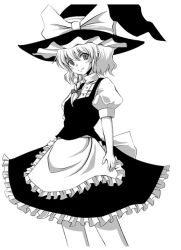 Rule 34 | 1girl, apron, arms at sides, braid, dress, female focus, greyscale, hat, hyuuga azuri, kirisame marisa, looking at viewer, monochrome, puffy short sleeves, puffy sleeves, short hair, short sleeves, simple background, single braid, solo, standing, touhou, waist apron, white background, witch hat