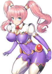 Rule 34 | 1girl, blue eyes, bodysuit, breasts, covered erect nipples, covered navel, large breasts, long hair, nagase haruhito, original, pink hair, purple bodysuit, seiza, shrug (clothing), simple background, sitting, smile, solo, thighs, twintails, white background