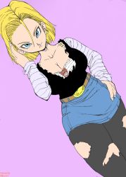 Rule 34 | 1girl, adjusting hair, android, android 18, belt, blonde hair, blue eyes, bra, breasts, cleavage, dragon ball, dragonball z, earrings, hand on own hip, jewelry, large breasts, legs, looking at viewer, pantyhose, pink background, short hair, simple background, skirt, smile, solo, standing, thighs, torn clothes, underwear, white bra