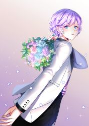 Rule 34 | 1boy, absurdres, bad id, bad pixiv id, black pants, blue eyes, blue flower, blue rose, bouquet, brown background, commentary, epel felmier, flower, gradient background, highres, holding, holding bouquet, huge filesize, jacket, long sleeves, looking at viewer, looking back, male focus, mamel 27, necktie, open clothes, open jacket, pants, parted lips, pink flower, pink necktie, pink rose, purple flower, purple hair, purple rose, rose, solo, twisted wonderland, white background, white jacket