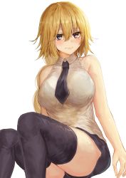 Rule 34 | 1girl, absurdres, bare shoulders, black neckwear, black thighhighs, blonde hair, blush, breasts, closed mouth, commentary request, fate/apocrypha, fate (series), highres, hoshibudou, jeanne d&#039;arc (fate), jeanne d&#039;arc (girl from orleans) (fate), jeanne d&#039;arc (ruler) (fate), large breasts, long braid, long hair, looking at viewer, purple eyes, see-through, solo, thighhighs