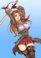Rule 34 | &gt;:d, 10s, 1girl, :d, absurdres, belt, blue eyes, boots, braid, breasts, brown hair, carren (granblue fantasy), cleavage, crown braid, feather hair ornament, feathers, gloves, granblue fantasy, feather hair ornament, highres, karen (granblue fantasy), long hair, looking at viewer, miniskirt, open mouth, plaid, plaid skirt, pm tii (matuko1024), skirt, smile, solo, sword, thigh boots, thighhighs, underbust, v-shaped eyebrows, weapon