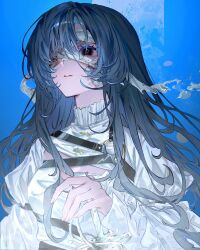 Rule 34 | 1girl, bandage on face, bandage over one eye, bandages, blood, blue background, blue hair, breasts, cg gs6, hair between eyes, hand up, highres, long hair, long sleeves, medium breasts, o-ring, original, parted lips, solo