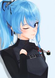 Rule 34 | 1girl, absurdres, black shirt, blue eyes, blue hair, blush, chopsticks, closed mouth, earrings, eipanguino, floral print, food, hair ribbon, high ponytail, highres, holding, holding chopsticks, hololive, hoshimachi suisei, hoshimachi suisei (shout in crisis), jewelry, lips, long hair, long sleeves, looking at viewer, makizushi, ribbon, rose print, shirt, simple background, solo, sushi, turtleneck, upper body, virtual youtuber, wing hair ornament
