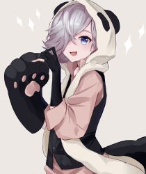 Rule 34 | 1boy, absurdres, androgynous, axescr, black gloves, black vest, blue eyes, fang, from side, gloves, grey background, grey hair, hair over one eye, headwear with attached mittens, highres, inga, long sleeves, looking at viewer, male focus, open mouth, panda hat, pink shirt, shirt, short hair, un-go, vest