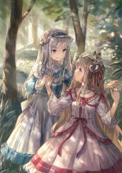 Rule 34 | 2girls, blue eyes, blue hairband, blue shirt, braid, brown hair, center frills, closed mouth, commentary request, curled horns, day, dress, eye contact, fingernails, flower, frilled hairband, frills, grey hair, hair flower, hair ornament, hairband, hands up, highres, hand grab, horn ornament, horn ribbon, horns, kobuta, long hair, long sleeves, looking at another, multiple girls, original, outdoors, pleated dress, profile, puffy long sleeves, puffy sleeves, red ribbon, ribbon, rose, shirt, skirt, smile, sunlight, tree, very long hair, white dress, white flower, white rose, white skirt, wide sleeves
