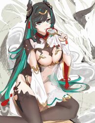 Rule 34 | 1girl, black hair, black thighhighs, breast cutout, breasts, cleavage, cleavage cutout, clothing cutout, colored inner hair, detached sleeves, dragon girl, dragon horns, draph, dress, fingerless gloves, gloves, gradient hair, granblue fantasy, green eyes, green hair, hair ornament, highres, horn ornament, horns, large breasts, leotard, long hair, looking at viewer, multicolored eyes, multicolored hair, navel, navel cutout, payila (granblue fantasy), pelvic curtain, pointy ears, red eyes, see-through, see-through dress, solo, stomach cutout, tassel, tassel hair ornament, thighhighs, tuanshan, two-tone eyes, two-tone hair, uki kumo, very long hair, white gloves