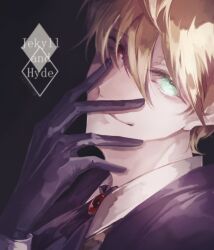 Rule 34 | 1boy, ascot, black ascot, black background, black gloves, black jacket, blonde hair, brooch, character name, collared shirt, fate/grand order, fate (series), gloves, green eyes, hair between eyes, hand on own face, head tilt, heterochromia, highres, irowa (cloa132), jacket, jekyll and hyde (fate), jewelry, looking at viewer, male focus, portrait, red eyes, shirt, short hair, simple background, smile, solo, white shirt