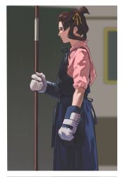 Rule 34 | 1girl, ace attorney, alternate costume, armor, bangs pinned back, black eyes, blue skirt, border, bougu, brown hair, closed mouth, commentary, dou, erhua917, from side, hair ribbon, hair rings, highres, holding, indoors, japanese armor, japanese clothes, mittens, pink shirt, profile, ribbon, shirt, short hair, skirt, solo, standing, susato mikotoba, the great ace attorney, updo, white border, yellow ribbon