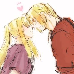 Rule 34 | 1boy, 1girl, antenna hair, blonde hair, closed eyes, couple, edward elric, expressionless, fullmetal alchemist, heart, hetero, long hair, looking at another, noses touching, ponytail, purple shirt, red shirt, shirt, simple background, smile, tsukuda0310, upper body, white background, winry rockbell, yellow eyes