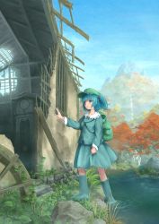 Rule 34 | 1girl, autumn leaves, backpack, bag, blue eyes, blue hair, boots, clock, expressionless, facing away, grandfather clock, grass, green hat, hair bobbles, hair ornament, hat, highres, kawashiro nitori, key, leaf, long sleeves, matching hair/eyes, mountain, pochi (poti1990), rock, rubber boots, ruins, scenery, short hair, skirt, skirt hold, skirt set, soaking feet, solo, stream, touhou, tree, twintails, two side up, water, water wheel, wet, wet clothes