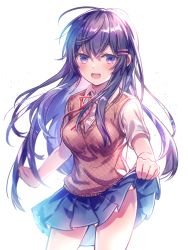 Rule 34 | 1girl, :d, aicedrop, backlighting, blue skirt, blush, breasts, commentary, cowboy shot, doki doki literature club, hair between eyes, hair ornament, hairclip, large breasts, long hair, looking at viewer, neck ribbon, open mouth, pleated skirt, purple eyes, purple hair, red ribbon, ribbon, school uniform, shirt, short sleeves, simple background, skirt, skirt hold, smile, solo, very long hair, vest, white background, white shirt, yuri (doki doki literature club)