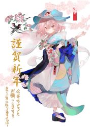 Rule 34 | 1girl, absurdres, alternate costume, animal, arm at side, bird, blue hat, blue kimono, blue sash, blush, branch, checkered clothes, checkered kimono, cherry blossom print, cherry blossoms, closed mouth, commentary request, floral print, folding fan, frilled kimono, frills, full body, hand fan, hands up, hat, highres, hitodama, holding, holding fan, japanese clothes, kimono, layered clothes, layered kimono, long sleeves, mob cap, multicolored clothes, multicolored kimono, obi, okobo, omodaka romu, pink eyes, pink hair, saigyouji yuyuko, sandals, sash, short hair, smile, socks, solo, standing, standing on one leg, tabi, touhou, translation request, tree print, veil, white background, white socks, wide sleeves