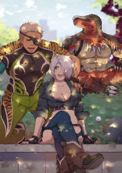 Rule 34 | 1girl, 2boys, angel (kof), animal print, blue eyes, boots, breasts, chaps, cowboy boots, dinosaur costume, eyepatch, fingerless gloves, gloves, highres, king of dinosaurs, kqq, large breasts, crossed legs, multiple boys, one eye covered, ramon (kof), sitting, the king of fighters, tiger print, white hair