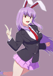 Rule 34 | 1girl, animal ears, black jacket, buttons, collared shirt, crescent, crescent pin, grey background, highres, index finger raised, jacket, kakone, long hair, long sleeves, looking at viewer, necktie, one-hour drawing challenge, open mouth, pleated skirt, purple hair, purple skirt, rabbit ears, red eyes, red necktie, reisen udongein inaba, shirt, simple background, skirt, solo, touhou, upper body, white legwear, white shirt