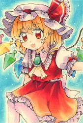 Rule 34 | 1girl, :d, ascot, back bow, blonde hair, bow, commentary request, crystal, feet out of frame, flandre scarlet, frilled ascot, frilled shirt collar, frilled skirt, frills, hair between eyes, hat, hat bow, hat ribbon, highres, maa (forsythia1729), mob cap, open mouth, orange eyes, puffy short sleeves, puffy sleeves, red bow, red ribbon, red skirt, red vest, ribbon, shirt, short sleeves, side ponytail, skirt, skirt set, smile, touhou, traditional media, vest, white bow, white hat, white legwear, white shirt, wings, yellow ascot