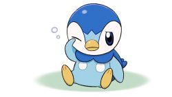 Rule 34 | blue eyes, bubble, closed mouth, commentary request, creatures (company), full body, game freak, gen 4 pokemon, nintendo, no humans, official art, one eye closed, piplup, pokemon, pokemon (creature), project pochama, sitting, solo, toes, white background