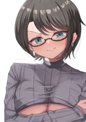 Rule 34 | 1girl, absurdres, black-framed eyewear, black hair, blue eyes, blush, breasts, commentary, crop top, earrings, embarrassed, glasses, hashira 14, highres, hololive, jewelry, large breasts, long sleeves, looking at viewer, nervous smile, oozora subaru, short hair, simple background, smile, solo, underboob, upper body, v-shaped eyebrows, virtual youtuber, white background