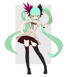 Rule 34 | 1girl, aqua hair, black ribbon, black skirt, black thighhighs, commentary, curly hair, english commentary, flat chest, frilled shirt, frills, full body, grey background, hair between eyes, hair ornament, half-closed eyes, hand in own hair, hand on own hip, hatsune miku, highres, legs apart, long hair, rectangle, ribbon, shirt, short sleeves, simple background, skirt, smile, solo, standing, thighhighs, topdylan, twintails, two-tone background, very long hair, vocaloid, white background, white shirt, world is mine (vocaloid), zettai ryouiki