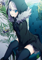 Rule 34 | 1girl, 2019, between legs, black gloves, black jacket, black thighhighs, blue eyes, dated, fate (series), gloves, gray (fate), grey background, grey skirt, grin, hair between eyes, hand between legs, highres, hood, hood up, hooded jacket, jacket, long sleeves, looking at viewer, lord el-melloi ii case files, miniskirt, open clothes, open jacket, plaid, plaid skirt, pleated skirt, rei (pixiv 187780), short hair, signature, silver hair, sitting, skirt, smile, solo, thighhighs, zettai ryouiki