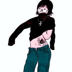 Rule 34 | 1girl, black hair, black pants, covered mouth, cowboy shot, cross, cross necklace, glasses, hunter x hunter, inverted cross, jewelry, necklace, osatsu 032, pants, shizuku murasaki, short hair, simple background, solo, spider tattoo, tattoo, turtleneck, white background