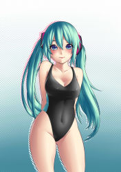 Rule 34 | 1girl, absurdres, aqua hair, arms behind back, bad id, bad pixiv id, bare shoulders, blue eyes, blush, breasts, cleavage, competition swimsuit, covered navel, hatsune miku, highres, lips, long hair, looking at viewer, naidong (artist), one-piece swimsuit, smile, solo, swimsuit, twintails, vocaloid