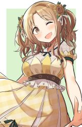 Rule 34 | 1girl, alternate hairstyle, blush, border, bow, breasts, brown eyes, brown hair, dot nose, dress, flower, gougoku, green background, hair bow, hair flower, hair ornament, hair ribbon, ichikawa hinana, idolmaster, idolmaster shiny colors, large breasts, long hair, looking at viewer, one eye closed, open hand, open mouth, outside border, parted bangs, plaid, plaid dress, ribbon, short sleeves, smile, solo, standing, sunflower, sunflower hair ornament, twintails, white border, white ribbon, x hair ornament, yellow dress