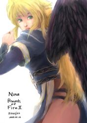 Rule 34 | 1girl, black wings, blonde hair, breasts, breath of fire, breath of fire ii, dress, feathered wings, feet out of frame, green eyes, highres, jewelry, long hair, looking at viewer, medium breasts, nina (breath of fire ii), ring, side slit, simple background, solo, white background, wings