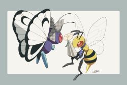 Rule 34 | animal focus, artist name, bee, beedrill, blank eyes, blue necktie, border, bow, bug, butterfly, butterfree, clothed pokemon, creatures (company), eye contact, flower, from behind, full body, game freak, gen 1 pokemon, grey border, grey bow, highres, holding, holding flower, iie efg, insect, insect wings, looking at another, necktie, nintendo, no humans, outside border, plaid, plaid bow, pokemon, pokemon (creature), red eyes, signature, simple background, stinger, striped necktie, unmoving pattern, white background, white flower, wings