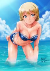 Rule 34 | 10s, 1girl, arm behind back, arm support, artist name, bad id, bad twitter id, bare arms, bare legs, bare shoulders, barefoot, bent over, bikini, blonde hair, blue bikini, blue eyes, blush, braid, breasts, cleavage, cloud, cloudy sky, collarbone, darjeeling (girls und panzer), day, feet, female focus, frilled bikini, frilled swimsuit, frills, girls und panzer, haruhata mutsuki, jpeg artifacts, kneeling, leaning, leaning forward, legs, light smile, looking at viewer, medium breasts, ocean, outdoors, short hair, signature, sky, smile, solo, strapless, strapless bikini, swimsuit, twin braids, twitter username, wading, wet, wet clothes, wet hair