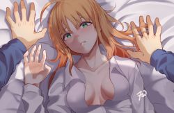 Rule 34 | 1girl, ahoge, artoria pendragon (fate), bed, blonde hair, blush, breasts, collarbone, collared shirt, commentary, english commentary, fate/stay night, fate (series), green eyes, long hair, long sleeves, looking at viewer, lying, medium breasts, on back, open mouth, pov, pov hands, saber (fate), shirt, solo focus, white shirt