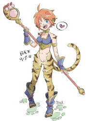 Rule 34 | 1girl, blue eyes, body fur, bottomless, breasts, breath of fire, breath of fire ii, fingerless gloves, full body, gloves, hatching (texture), heart, holding, holding polearm, holding weapon, looking at viewer, medium breasts, monster girl, navel, ofemale focus, one eye closed, polearm, rinpoo chuan, short hair, simple background, solo, spoken heart, staff, standing, tail, tiger girl, tiger tail, toeless footwear, toritenmaru3, weapon, white background