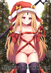 Rule 34 | 1girl, abigail williams (fate), bell, black thighhighs, blonde hair, blush, bow, breasts, christmas, closed mouth, collarbone, commentary request, cowboy shot, detached sleeves, endsmall min, fate/grand order, fate (series), fur-trimmed headwear, fur-trimmed sleeves, fur trim, glove bow, gloves, groin, hat, hat bow, highres, holding, holding key, key, keyhole, long hair, long sleeves, looking away, lowleg, lowleg panties, medium breasts, merry christmas, navel, orange bow, oversized object, panties, parted bangs, red eyes, red gloves, red hat, red panties, red ribbon, ribbon, santa hat, solo, thighhighs, topless, underwear, v-shaped eyebrows, very long hair