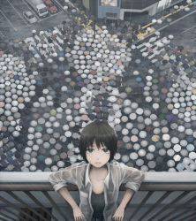 Rule 34 | against railing, black hair, from above, leaning against railing, leaning back, looking at viewer, looking back, open mouth, original, railing, rain, short hair, smile, solo focus, umbrella, wet, wet clothes, yajirushi (chanoma)
