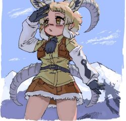 Rule 34 | 1girl, animal ears, arm at side, arm up, belt, blonde hair, blush, brown skirt, brown vest, collared shirt, cowboy shot, cropped vest, day, elbow gloves, extra ears, fur-trimmed skirt, fur trim, gloves, goat ears, goat horns, grey horns, handsdsds, horizontal pupils, horns, kemono friends, kemono friends 3, large horns, layered sleeves, looking afar, miniskirt, mountainous horizon, multicolored hair, nose blush, nubian ibex (kemono friends), open clothes, open vest, outdoors, parted lips, shirt, skirt, solo, untucked shirt, vest, weapon, weapon on back, white hair, wing collar, yellow eyes, yellow shirt