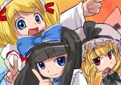 Rule 34 | 3girls, blonde hair, blue eyes, blunt bangs, bow, brown hair, face, female focus, hair bow, hat, hirosato, index finger raised, looking at viewer, luna child, multiple girls, open mouth, perfect memento in strict sense, red eyes, short hair, smile, star sapphire, sunny milk, touhou, v, wings