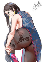 Rule 34 | 1girl, absurdres, artist name, ass, bare shoulders, black hair, black panties, braid, brown eyes, cameltoe, china dress, chinese clothes, dress, fate/grand order, fate (series), from behind, glasses, high heels, highres, huge ass, lhiilmi, long hair, looking at viewer, looking back, panties, pantyhose, parted lips, pelvic curtain, see-through, see-through dress, shiny skin, simple background, single braid, solo, thong, thong under pantyhose, underwear, very long hair, white background, yu mei-ren (fate), yu mei-ren (spare the idle talk) (fate)