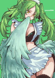 Rule 34 | 1girl, alternate costume, alternate hairstyle, aosora2823, apron, artist name, bikini, black thighhighs, blush, breasts, cleavage, collarbone, commentary request, covering own mouth, cowboy shot, embarrassed, enmaided, feathered wings, feathers, green background, green hair, harpy, highres, large breasts, long hair, looking to the side, maid, maid apron, maid bikini, maid headdress, midriff, monet (one piece), monster girl, one piece, solo, swimsuit, thighhighs, twintails, unconventional maid, white apron, winged arms, wings, yellow eyes