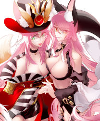 Rule 34 | 2girls, animal ears, bare shoulders, breasts, choker, cleavage, cosplay, costume switch, detached sleeves, facial mark, fate/grand order, fate (series), forehead mark, fox ears, fox girl, fox tail, glasses, green eyes, gushu009, hat, highres, historical name connection, holding hands, houshin engi, huge breasts, interlocked fingers, koyanskaya (fate), koyanskaya (lostbelt beast:iv) (fate), long hair, multiple girls, name connection, off shoulder, open mouth, pink hair, smile, so dakki, tail, trait connection, yellow eyes