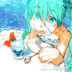 Rule 34 | 1girl, bad id, bad pixiv id, blue hair, eating, female focus, food, foreshortening, full mouth, hatsune miku, ice cream, kazeto, looking up, pool, raised eyebrows, sketch, solo, spoon, twintails, vocaloid, water