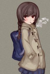 Rule 34 | 1girl, bag, braid, breath, brown hair, coat, expressionless, food, hands in pockets, kumauwo, long hair, looking at viewer, madotsuki, mouth hold, pocky, red eyes, school bag, skirt, solo, twin braids, twintails, winter clothes, yume nikki